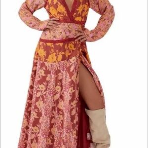 Free People Floral Long Sleeve Maxi Dress - Red and Orange